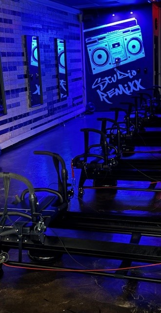 An expty Remixx studio with blue lighting